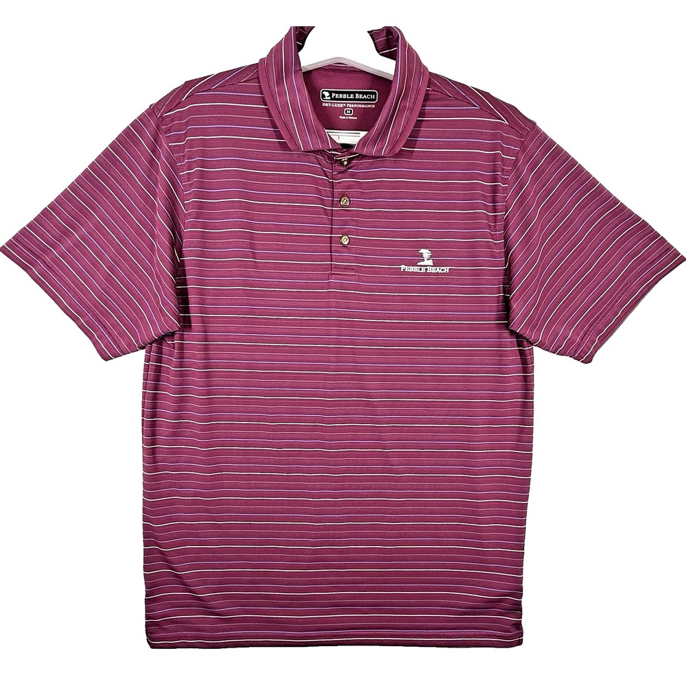 Pebble Beach Performance Dry Lux Golf Polo Shirt M Purple Striped Logo Sports